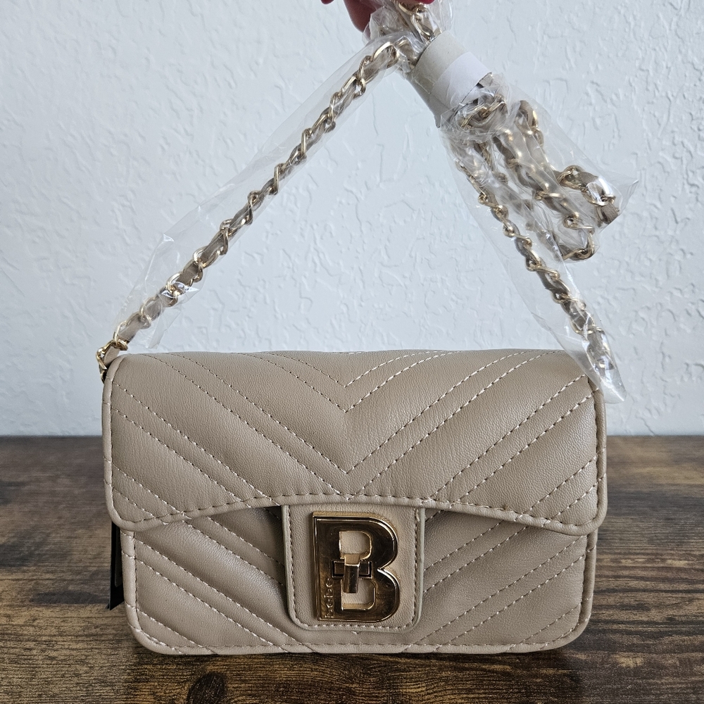 BEBE Rain Quilted Beige Gold Turn Lock Weave Chains Shoulder Bag Clutch Capsule